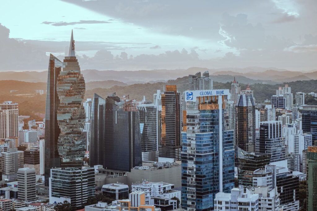 A breathtaking aerial view of Panama City's skyline featuring modern skyscrapers and urban landscape.